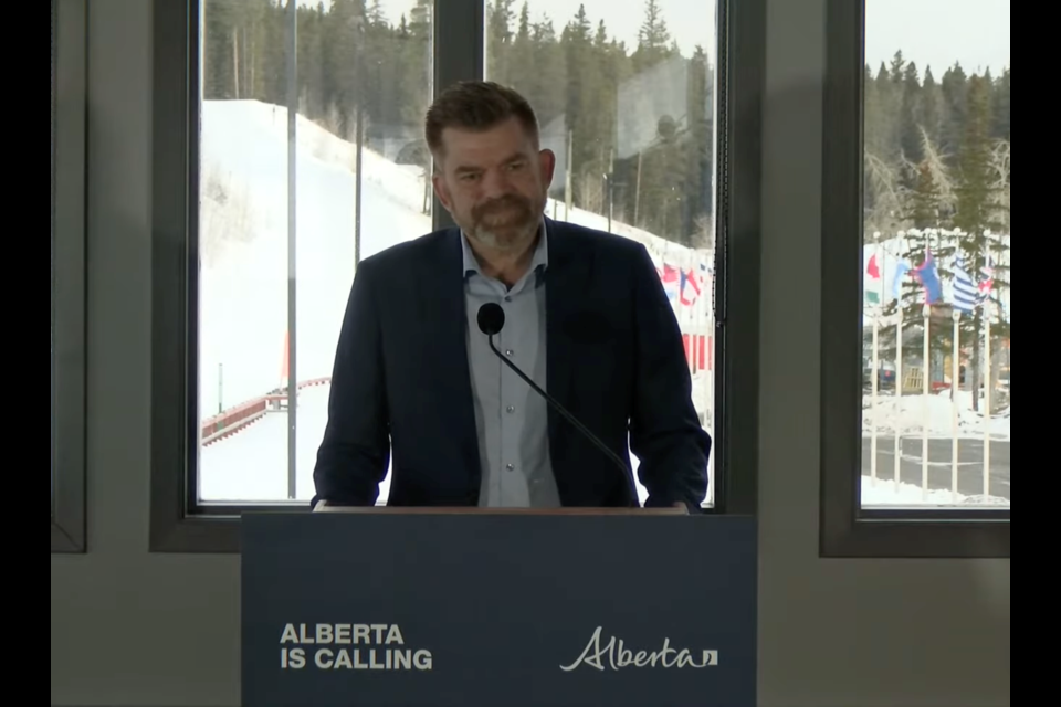 Minister of Jobs, Economy and Northern Development Brian Jean announces the second phase of the Alberta is Calling campaign from the Canmore Nordic Centre (Monday) March 13, 2023.

SCREENSHOT