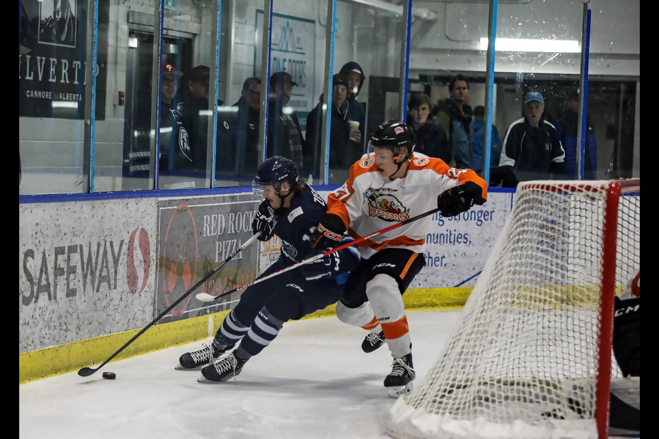 Canmore Eagles forward Logan Ziegler looks to score during Game 4 against the Drumheller Dragons at the Canmore Recreation Centre on Wednesday (March 15). JUNGMIN HAM RMO PHOTO