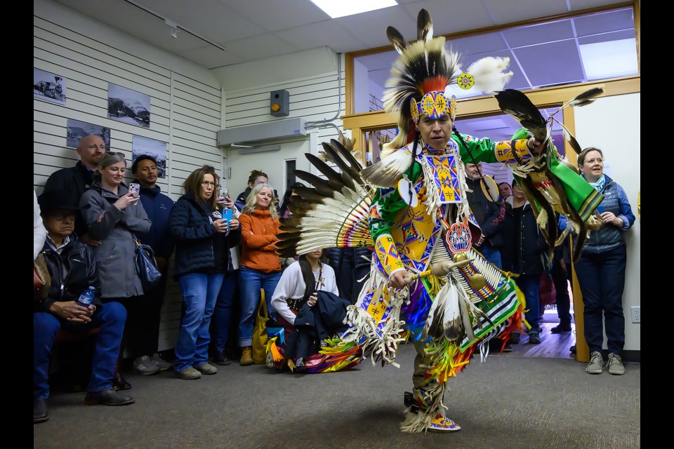 Dwyane Wesley performs a dance for the Mini hrpa, an indigenous cultural center pop up in Banff at the Banff Canmore Community Foundation on Friday, March 24, 2023. This is the first  event of Mini hrpa and is indigenous led and shares Stoney culture in Banff National Park. MATTHEW THOMPSON RMO PHOTO