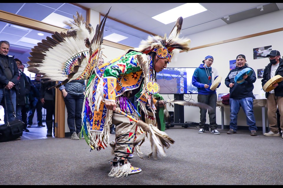 Dwayne Wesley perfoms a men's traditional dance during Mini hrpa, indigenous cultural centre pop up event, at the Banff Canmore Community Foundation office on Banff Avenue on Friday (March 24). JUNGMIN HAM RMO PHOTO