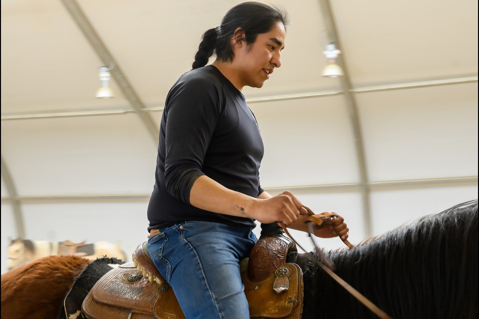 Avery Cardinal rides a horse during a Stunt Nations workshop at Chiniki Ranch on Tuesday (March 28). MATTHEW THOMPSON RMO PHOTO
