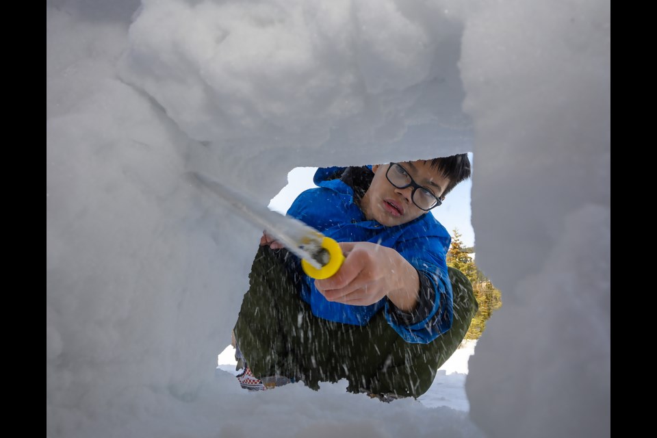 Kyle Conde, Grade 7 student, works away at the legs of his sculpture at the Fenlands Banff Recreation Center on Wednesday (March 29). This is the first year they are doing it and hope they can continue to expand it to more students. MATTHEW THOMPSON RMO PHOTO