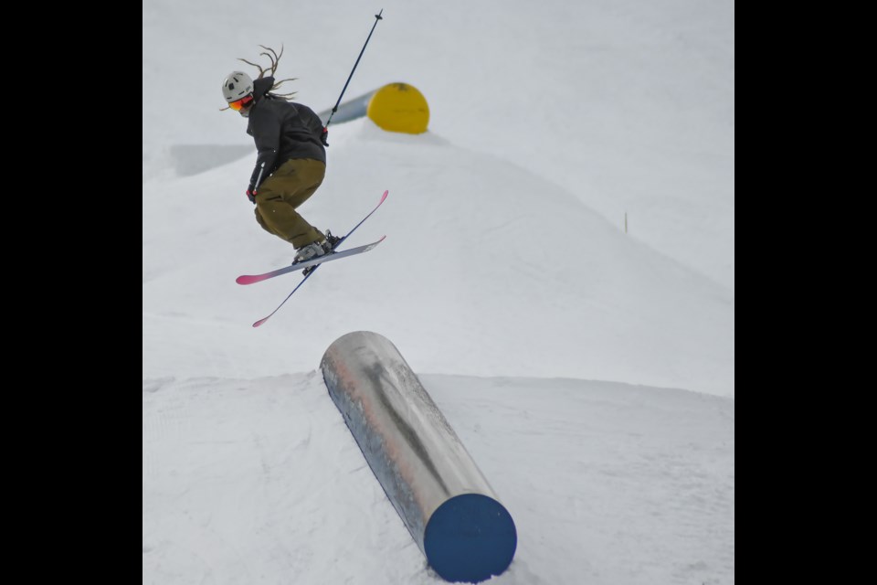 A skier spins onto a rail at the Sunshine Pro Bowl Riding Session event in Banff National Park at Sunshine Village Ski Resort on Friday (March 31). The PBR Sessions are an open jam style event where skiers have 3 days to learn, ride, and throw down their best tricks to win various categories. MATTHEW THOMPSON RMO PHOTO