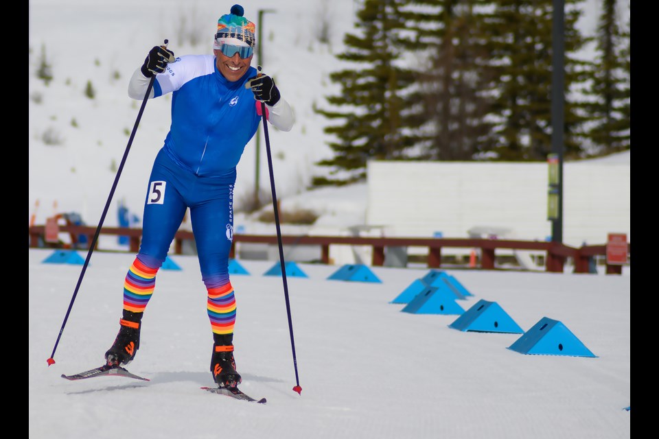 Noel Warkman races through the Western Cup course at the Canmore Nordic Centre on Saturday (April 8). Western Cup is a multi-sport festival around North America with part of the proceeds going to support the youth and LGBTQIA2S+ community. MATTHEW THOMPSON RMO PHOTO