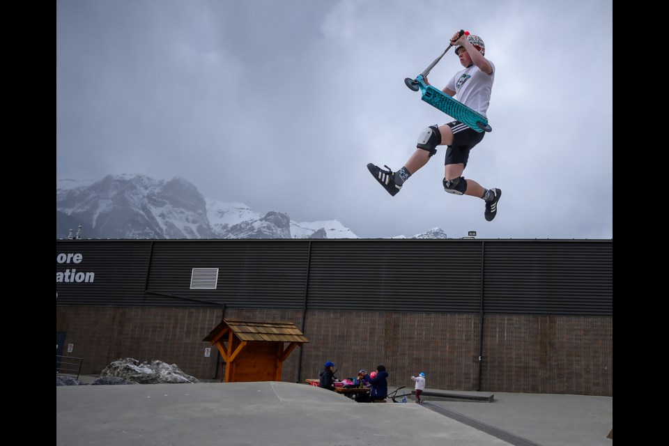 Zev Taylor performs a trick while catching air time at the Canmore skatepark on Thursday (April 13). MATTHEW THOMPSON RMO PHOTO