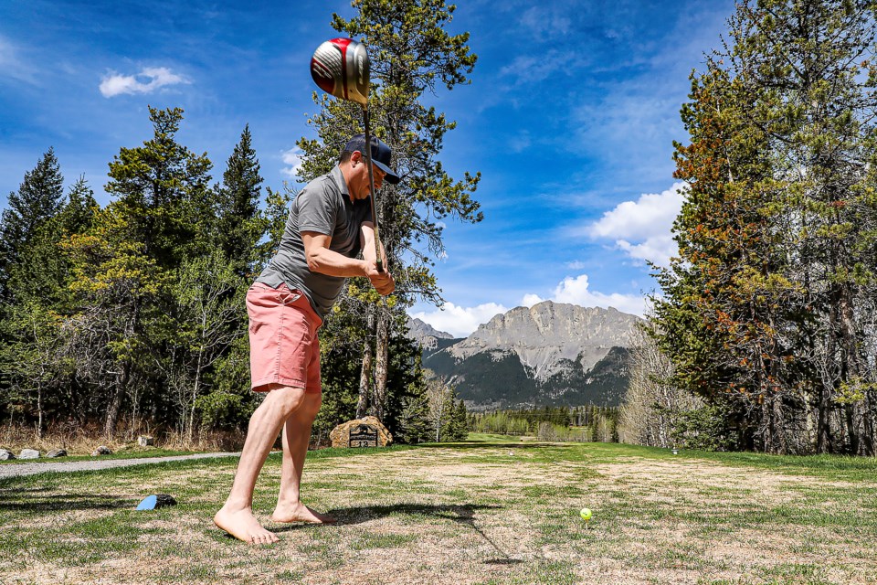 Gift Lake Métis Settlement's Lee Lamouche tees off on opening day of the season at Brewster's Kananaskis Ranch Golf Course in Exshaw on Thursday (May 4). JUNGMIN HAM RMO PHOTO