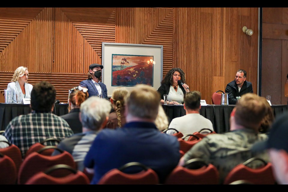 The Banff & Lake Louise Hospitality Association hosted a provincial election forum at the Banff Park Lodge on Tuesday (May 16). From left: Incumbent UCP MLA Miranda Rosin, Green Party candidate Regan Boychuk, NDP candidate Sarah Elmeligi and Solidarity Movement of Alberta candidate Kyle Jubb. JUNGMIN HAM RMO PHOTO 