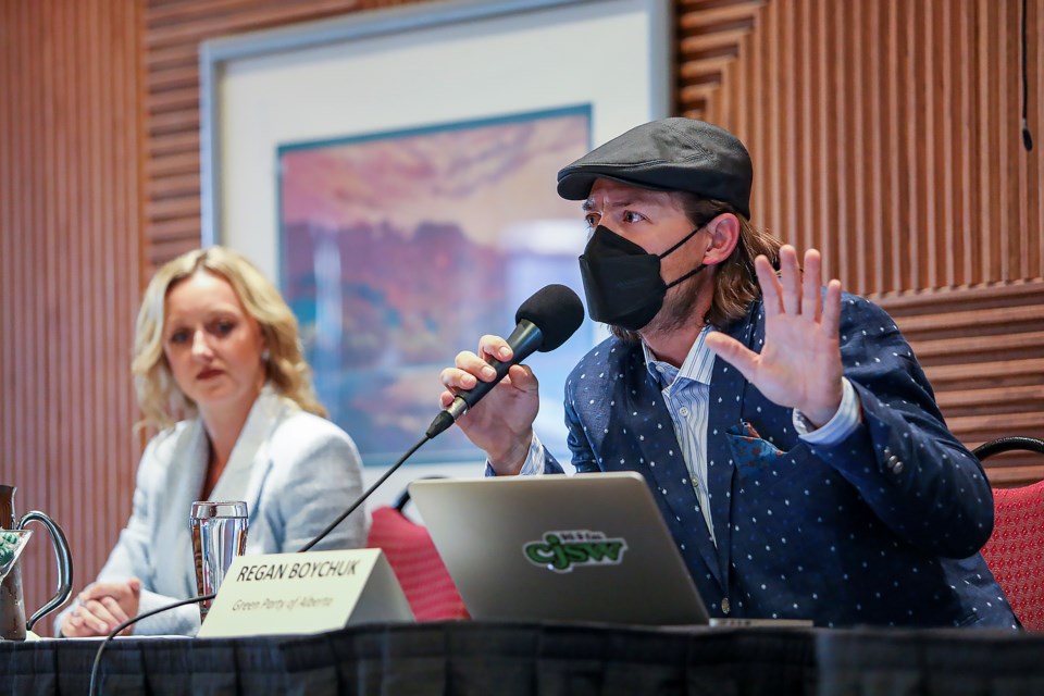 Banff-Kananaskis Green Party candidate Regan Boychuk speaks at the provincial election forum at the Banff Park Lodge on May 16. JUNGMIN HAM RMO PHOTO 