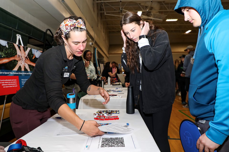 Town of Canmore's child and youth coordinator Adrienne Martel, left, provides information to students at the Canadian Rockies Public Schools (CRPS) student hiring fair at Canmore Collegiate High School on Thursday (May 25). JUNGMIN HAM RMO PHOTO