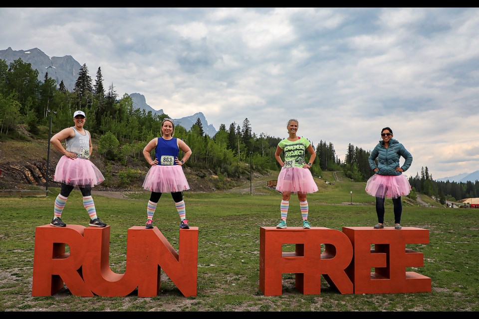 Brave women who beat breast cancer pose at the 2023 Rocky Mountain Soap Women's Run & Walk at the Canmore Nordic Centre on Friday (May 26). From left: Calgary's Rachel Jensen, Okotoks Jinny Toffelmire, Calgary's Nathalie Babineau and Calgary's Shaila Wadhera. JUNGMIN HAM RMO PHOTO