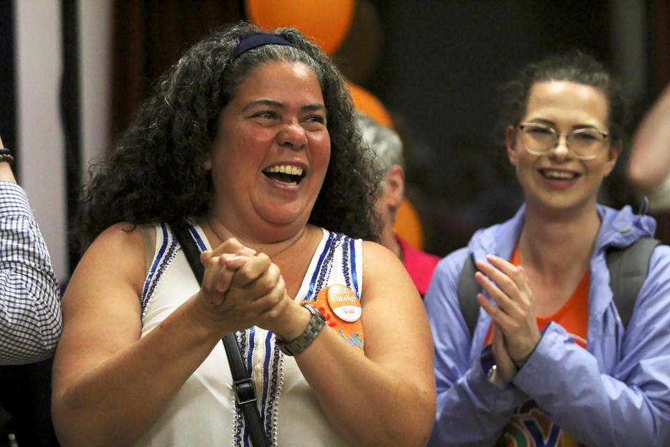 NDP candidate Sarah Emeligi dances into Canmore Miners' Union Hall after her party declares victory in the Banff-Kananaskis riding on Monday (May 29). JORDAN SMALL RMO PHOTO