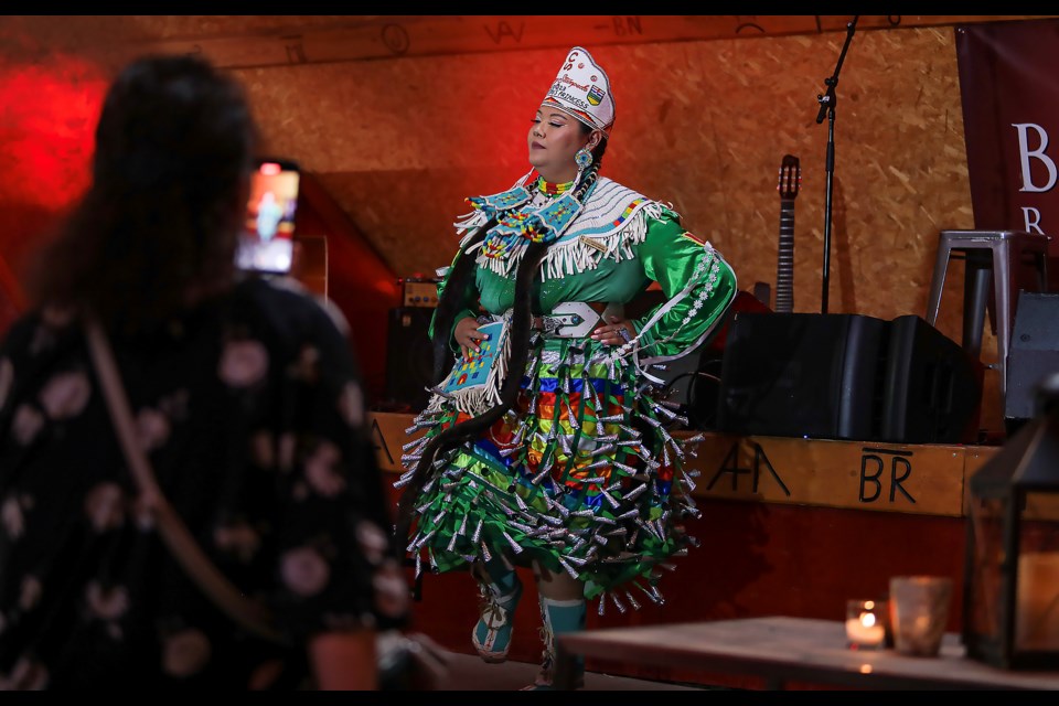 2023 Calgary Stampede First Nations Princess Alayiah Wolf Child does a jingle dance at the Banff Trail Riders 100 years celebration concert at the Banff Trail Rider Barns on Friday (June 2). JUNGMIN HAM RMO PHOTO