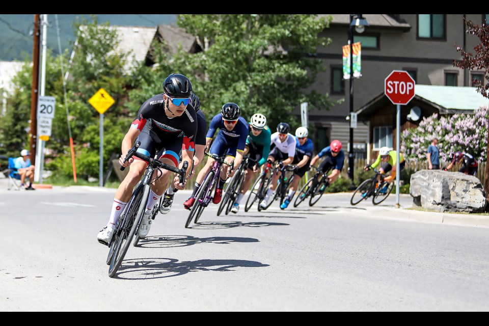 The CAT 1/2 men turn a corner during the crit race at the Rundle Mountain Road Festival in Canmore on Saturday (June 3). JUNGMIN HAM RMO PHOTO