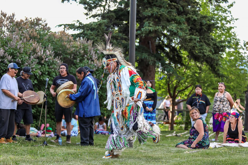 Jacob E Amos performs a traditional grass blessing dance during the teepee raising ceremony at the Northwest Mounted Police (NWMP) Barracks in Canmore on Saturday (June 10). JUNGMIN HAM RMO PHOTO