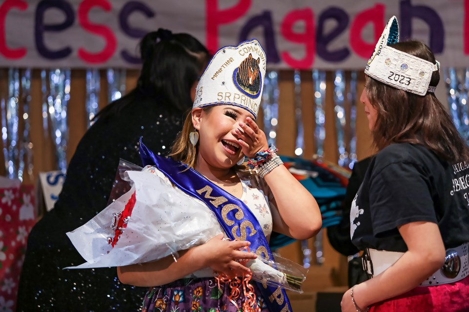 Sunset Kaquitts reacts after being crowned senior Mînî Thnî Community School (MTCS) princess at the 2023-24 princess pageant at Mînî Thnî Community School on Friday (June 16). JUNGMIN HAM RMO PHOTO