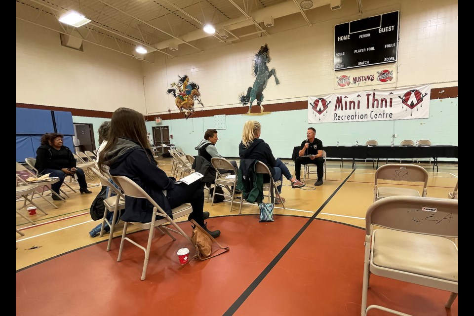 Protective services manager Pascal Richard of Nakoda Emergency Services hosts a town hall at the Morley Gymnasium to discuss issues with aggressive free-roaming dog in Îyârhe Nakoda First Nation on Tuesday, June 20. Photo by Jessica Lee/Great West Media