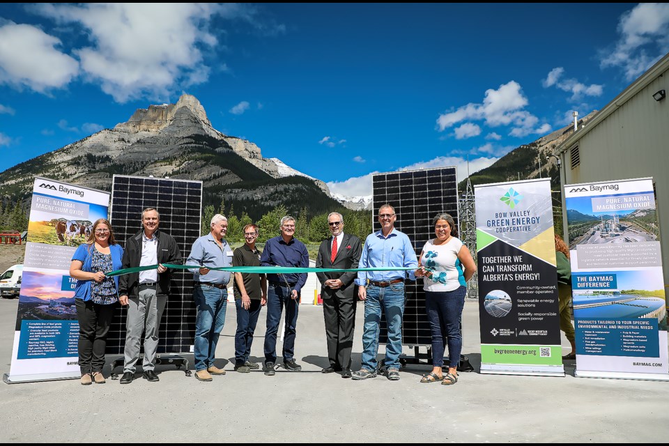 The grand opening of the Baymag solar installation in partnership with Bow Valley Green Energy was held at the Baymag plant in Exshaw on Thursday (June 22). From left; Jen Smith, MD of Bighorn councillor, Richard Sproul, executive vice president, sales at Baymag Inc., Jeff Roberts, president of Bow Valley Green Energy Cooperative, Geoff Domenico, president of KCP Energy Inc.,Franz Spachtholz, CEO at Baymag Inc., Hubertus Liebrecht, Honorary Consul of the Federal Republic of Germany, Jim Bachmann, vice president, operations at Baymag Inc and Sarah Elmeligi, Banff-Kananaskis MLA. JUNGMIN HAM RMO PHOTO