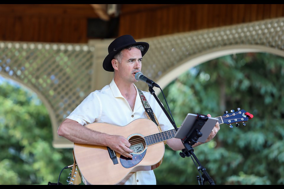 Chanson singer Joël Lavoie performs to celebrate Saint-Jean-Baptiste Day hosted by the Bow Valley French Canadian Association (ACFA) at the Central Park gazebo in Banff on Saturday (June 24). JUNGMIN HAM RMO PHOTO