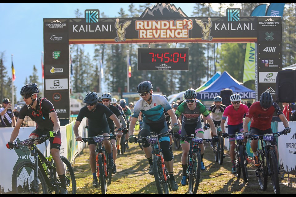Bike racers ride out of the start gate for the 75-kilometre bike race at the TransRockies Race Series Rundle's Revenge at the Canmore Nordic Centre on Saturday (June 24). JUNGMIN HAM RMO PHOTO