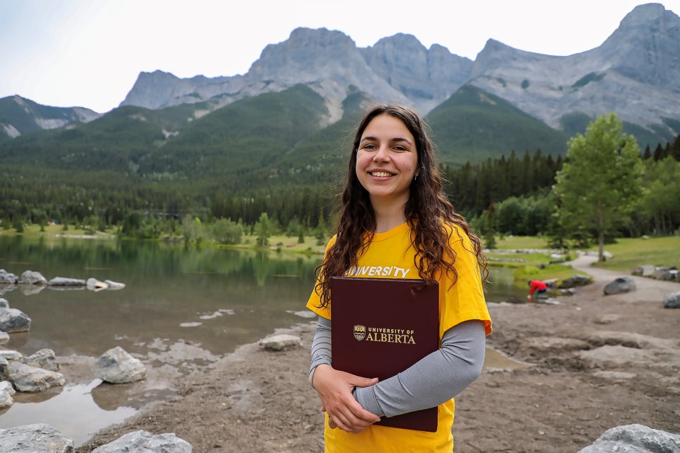 Researcher Chloé Nicol poses at Quarry Lake in Canmore on Tuesday (July 4). Nicol surveys residents and visitors on recreation and how it impacts wildlife. JUNGMIN HAM RMO PHOTO