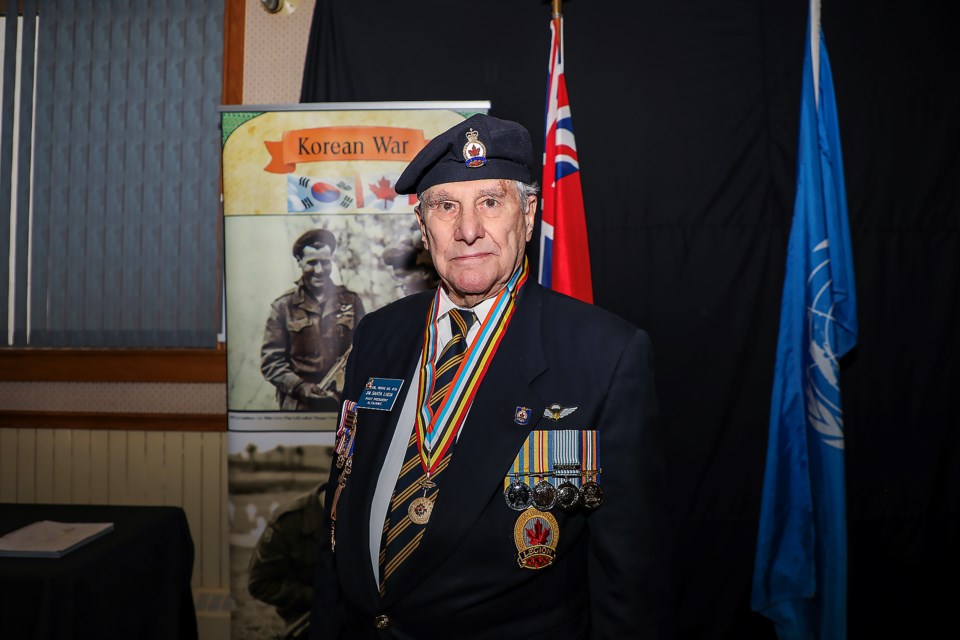 Korean War veteran James Santa Lucia, who was awarded the Ambassador for Peace medal, poses during the 70th Anniversary of the Korean War Armistice – Legacy of the Korean War Veterans event at the Royal Canadian Legion No. 26 Col. Moore branch in Banff on Sunday (July 9). JUNGMIN HAM RMO PHOTO
