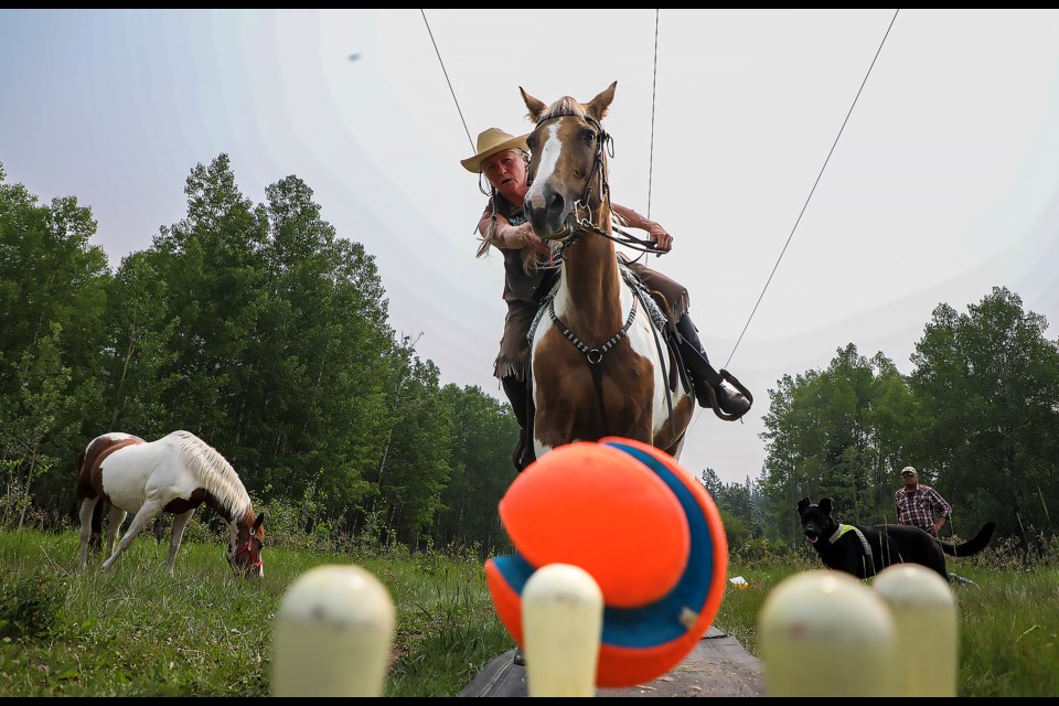Wendy Bush bowls on her 23-year-old horse Emily during the inaugural Share the Trails event at Indian Flats in Canmore on Saturday (July 15). JUNGMIN HAM RMO PHOTO