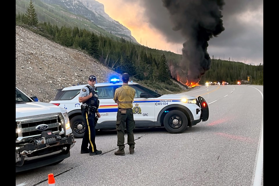 Multiple emergency services responded to a single-vehicle rollover that had the driver die and the fuel truck go up in flames on Highway 93 in Kootenay National Park.

SUBMITTED PHOTO