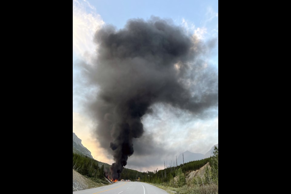 Multiple emergency services responded to a single-vehicle rollover that had the driver die and the fuel truck go up in flames on Highway 93 in Kootenay National Park.

SUBMITTED PHOTO