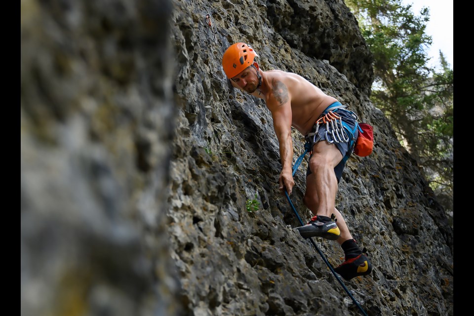 Brad Foster climbs a route on the Gardener Wall at Grassi Lakes in Kananaskis Country on Thursday (July 20). Grassi Lakes has 103 climbing routes across 11 walls making it a popular spot for climbers of all skill level in the Bow Valley. MATTHEW THOMPSON RMO PHOTO