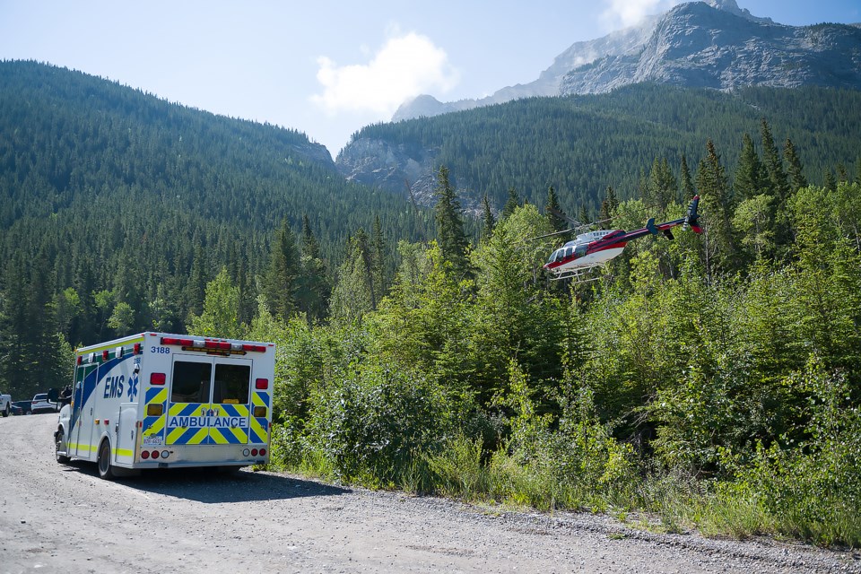 An Alpine helicopter lifts off at the Heart Creek Day Use Area on Saturday (July 29) near Lac Des Arcs. MATTHEW THOMPSON RMO PHOTO