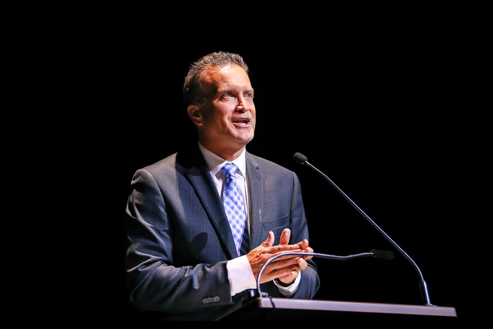 Pete Guthrie, Alberta’s Minister of Infrastructure, speaks during Canadian Rockies Public Schools' opening day at Canmore Collegiate High School on Wednesday (Aug. 23). JUNGMIN HAM RMO PHOTO