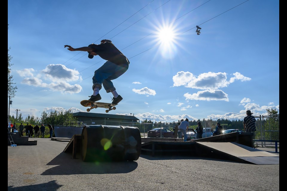 Lane Benjamin tries a backside 180 in Mînî Thnî for Cousins Skateboarding weekly skate session on Wednesday (Aug. 23). Cousins Skateboarding is a non-profit that aims to empower Indigenous skate communities. MATTHEW THOMPSON RMO PHOTO