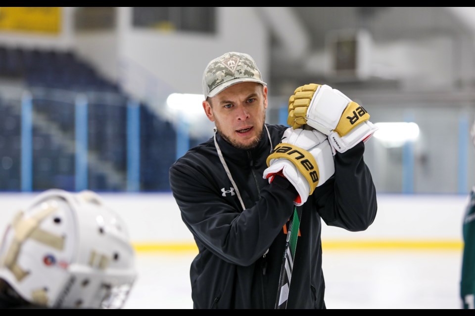 Justin Cardinal at goalie training in Canmore Recreation Centre on Saturday (Sept. 9). JUNGMIN HAM RMO PHOTO 