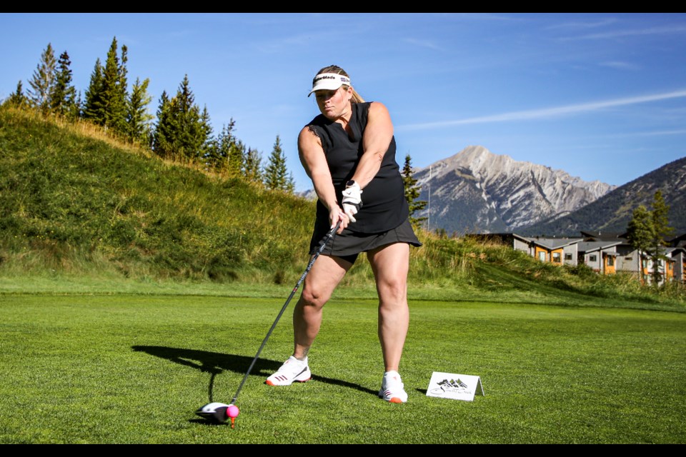 Lisa Kulyk tees off at the 16th annual Charity Golf Classic hosted by Murrieta's at Stewart Creek Golf Course on Thursday (Sept. 14). Charity Golf Classic supports the Safe Haven Foundation and Canmore & Area Health Care Foundation. JUNGMIN HAM RMO PHOTO 