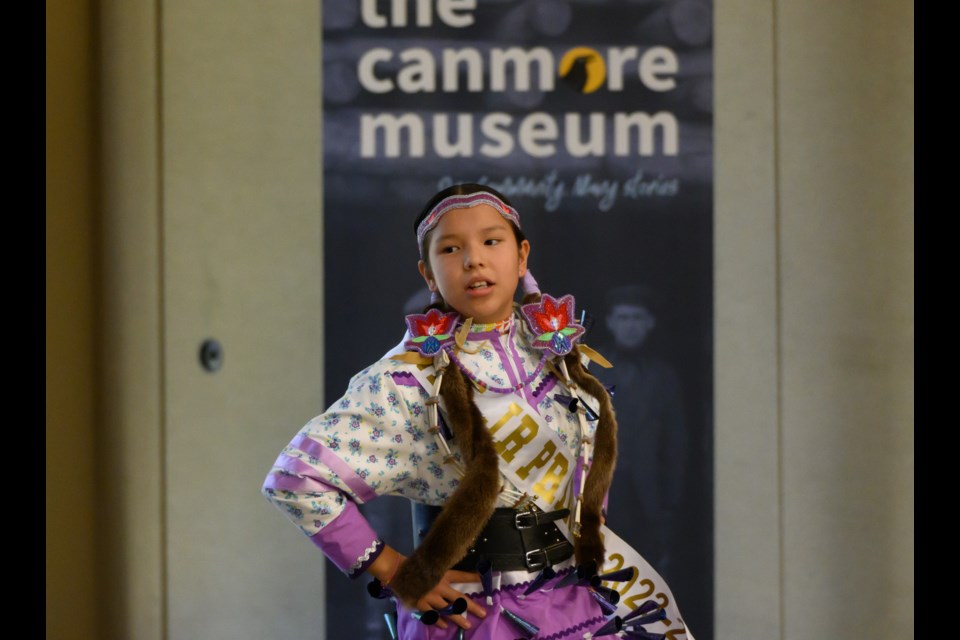 Layla Wildman dances at the opening reception of Wagaichibi Îhnuthe, a new exhibit at the Canmore Museum, on Thursday (Sept. 21). The exhibit traces the journey of  Îyârhe Nakoda and their history in the valley from 1894 to the present day. MATTHEW THOMPSON RMO PHOTO