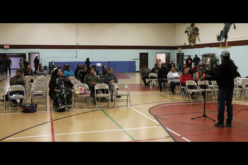 Elder Terry Rider speaks to a crowd of about 50 people at the Morley Gymnasium in Mînî Thnî Thursday (Oct. 19). Îyârhe Nakoda First Nation elders called for a meeting with the Nation's chiefs and council over financial transparency concerns.

JESSICA LEE RMO PHOTO