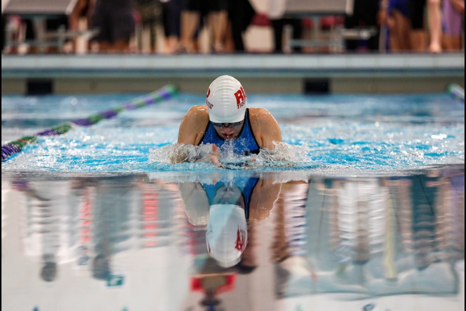 Bow Valley Riptides swimmer Sydney McLaren competes at the 50 metre breaststroke race during the Bow Valley Riptides Mountain Madness Invitational swim meet at Elevation Place in Canmore on Saturday (Oct. 21). JUNGMIN HAM RMO PHOTO 
