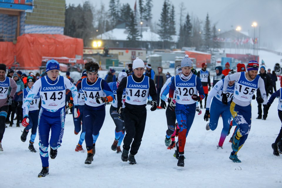 Pro racers race out in a pack at the Strides and Glides Duathlon 2023 hosted by Alpine Insurance Alberta World Cup Academy at the Canmore Nordic Centre on Thursday (Oct. 26). JUNGMIN HAM RMO PHOTO 