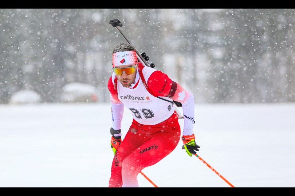 Christian Gow of the national biathlon team races in the Biathlon Canada 2023 November Trials at the Canmore Nordic Centre on Thursday (Nov. 2). JUNGMIN HAM RMO PHOTO