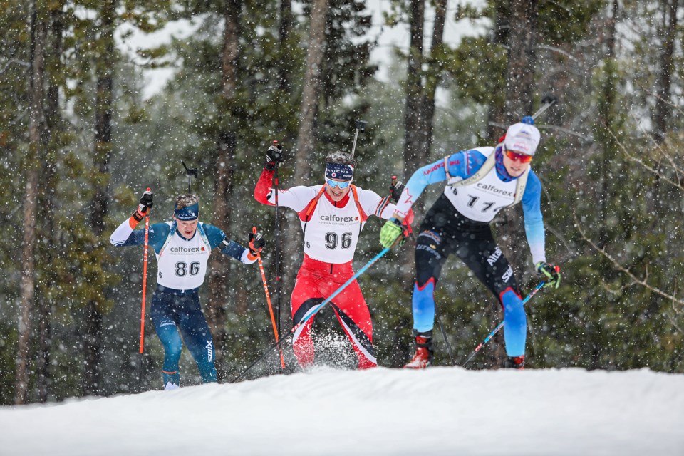 Benjamin Briusseau, left, Jean-Nicolas De Broeck and Romeo Champagne race in the Biathlon Canada 2023 November Trials at the Canmore nordic Centre on Thursday (Nov. 2). JUNGMIN HAM RMO PHOTO