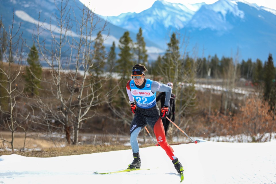 Nordiq Canada's Xavier McKeever races in the Nordiq Canada cross-country ski trials 10 km at the Canmore Nordic Centre in November 2023. JUNGMIN HAM RMO PHOTO