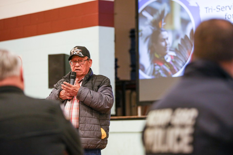 Îyârhe Nakoda First Nation elder Henry Holloway speaks during a town hall to discuss a new tri-services building in Mînî Thnî, which would house a hybrid RCMP and Indigenous police force, along with fire and EMS. The town hall was hosted Thursday (Nov. 16) at the Mînî Thnî Gymnasium. JUNGMIN HAM RMO PHOTO