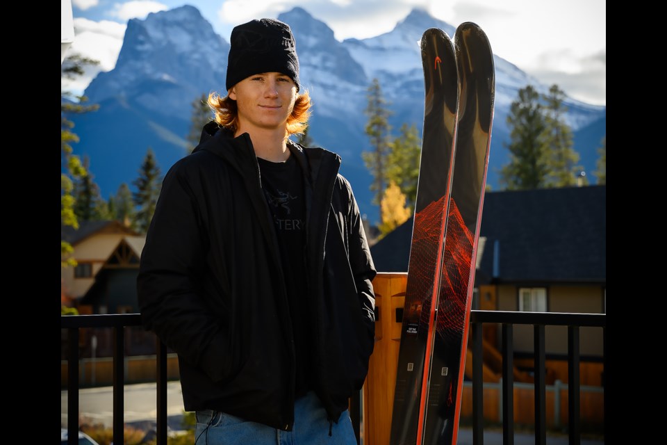 Cole Richardson poses for a photo alongside his new Head pro model ski in Canmore in October.  MATTHEW THOMPSON RMO PHOTO