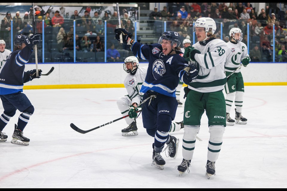 Canmore Eagles Brody Mortensen celebrate his goal against the Sherwood Park Crusaders during the game at the Canmore Recreation Centre on Friday (Nov. 24). The Eagles won 7-4. JUNGMIN HAM RMO PHOTO