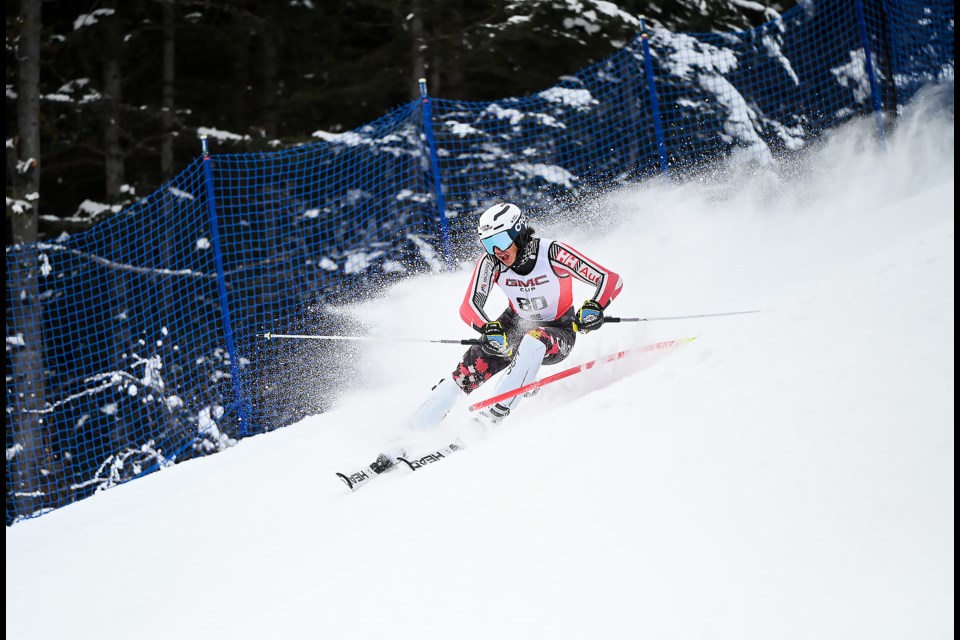 Thomas Cais of the Lake Louise Ski Club speeds down the course at the 2023 Mount Norqauy GMC Cup on Sunday (Dec. 3). MATTHEW THOMPSON RMO PHOTO