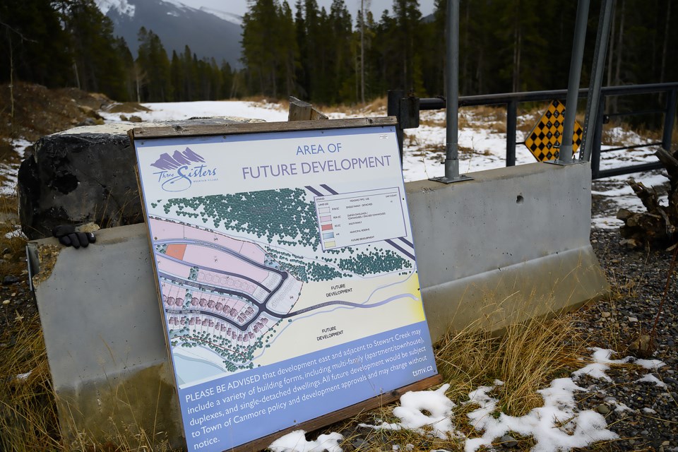 A sign giving notice of further development in the Stewart Creek area of Three Sisters Mountain Village in 2023. RMO FILE PHOTO