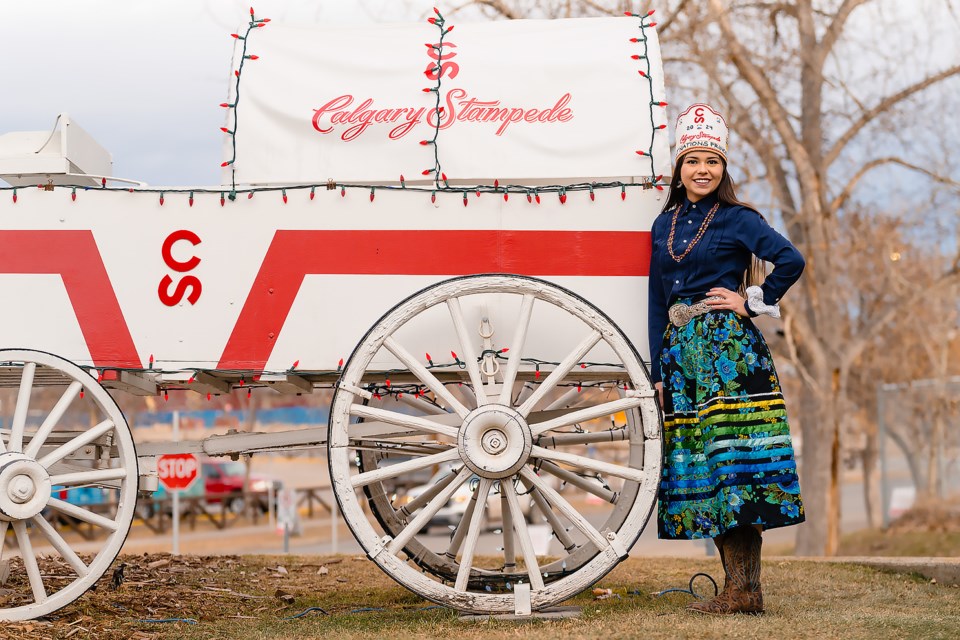 Margaret Holloway poses for a photograph at the Calgary Stampede grounds on Tuesday (Dec. 5). Holloway was named First Nations Princess for the 2024 Calgary Stampede. BART ONYSZKO RMO PHOTO