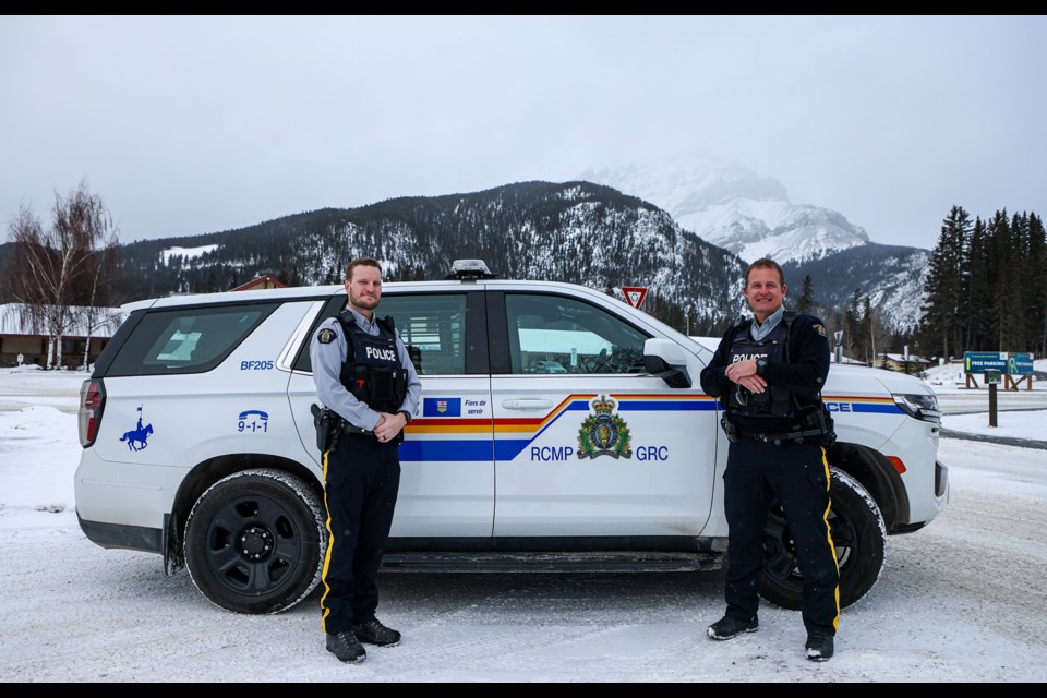 Const. David Little of the Banff detachment, left, and Const. Reyno La Cock of Bow Valley Traffic Services pictured outside the RCMP detachment in Banff on Tuesday (Jan. 9) win awards for drunk driving enforcement.  JUNGMIN HAM RMO PHOTO 