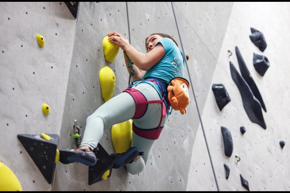 Canmore's Sara Boudreau navigates the wall during the lead final at the Alberta Climbing Association’s (ACA) lead competition at Elevation Place in Canmore on Saturday (Jan. 13). Boudreau won bronze in the youth C female division.  JUNGMIN HAM RMO PHOTO 