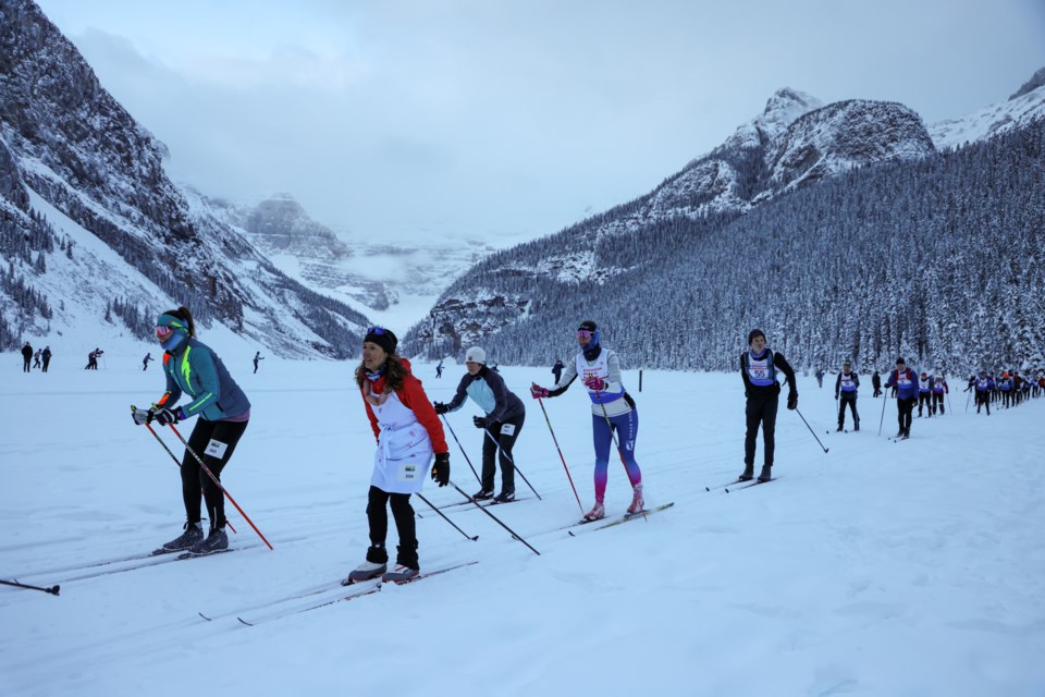Ski racers starts at the 2024 Lake Louise to Banff Loppet and Relay at Lake Louise on Saturday (Jan. 20). JUNGMIN HAM RMO PHOTO 